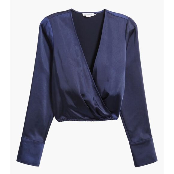 Good American Long Sleeve Washed Satin Wrap Front Blouse Blue XL NEW MSRP $149 - Picture 3 of 8